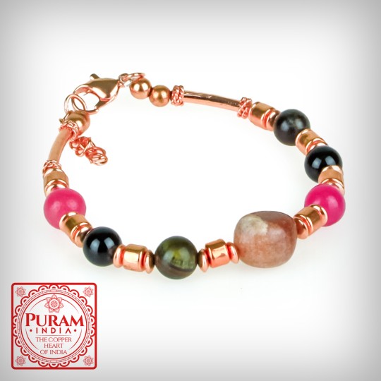 Bransoletka miedziana z kamieniami naturalnymi - wzór 6 - Onyks/Tiger Eye/Agat - 6690